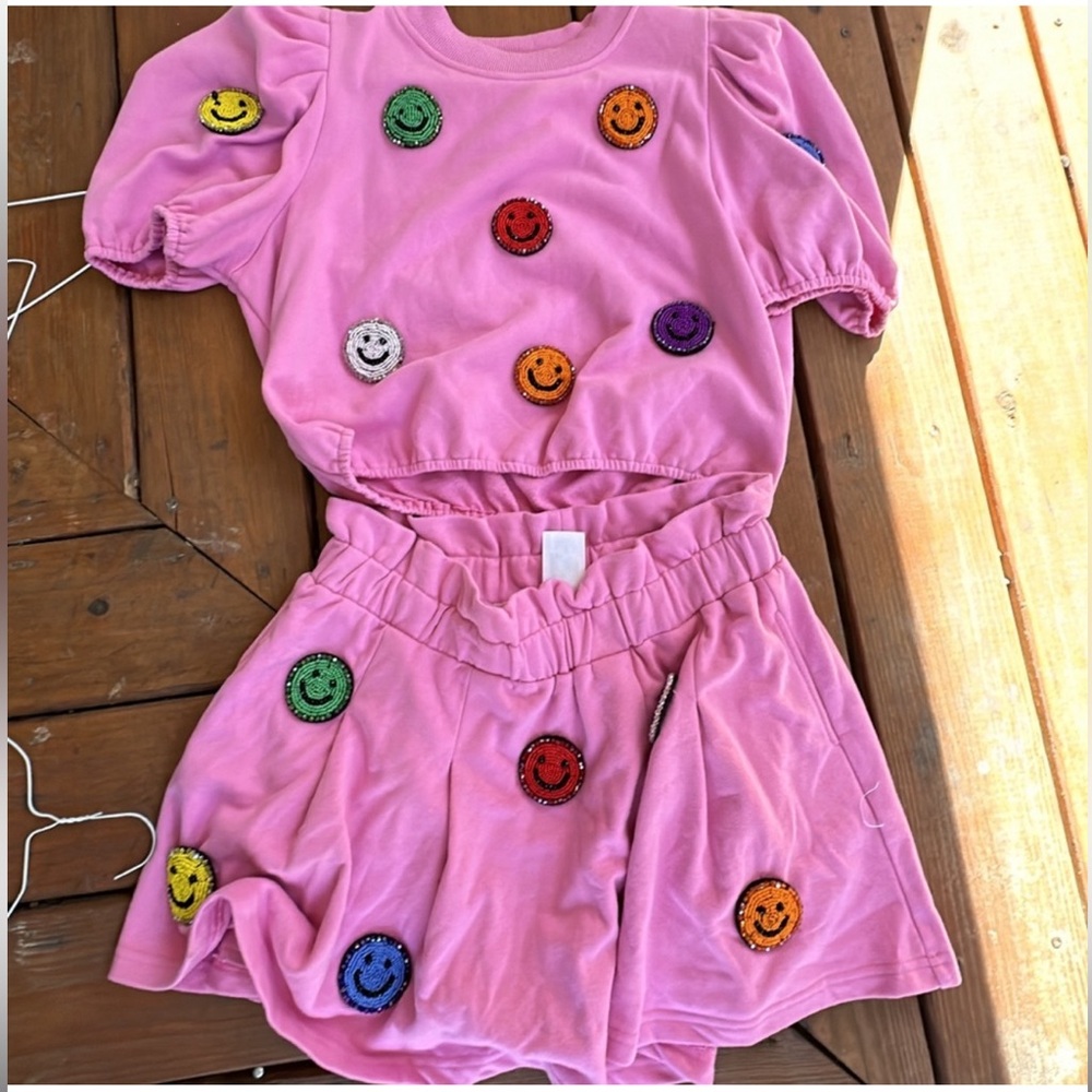 QUEEN OF SPARKLES Pink Smiley Face Skirt Set